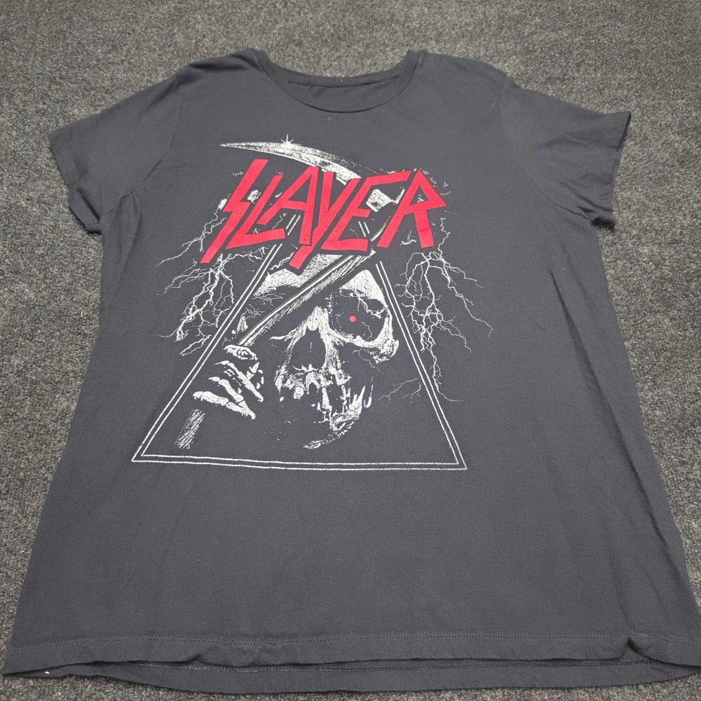Slayer Band Graphic T-Shirt Skull Scythe Lightning Charcoal Grey Short Sleeve